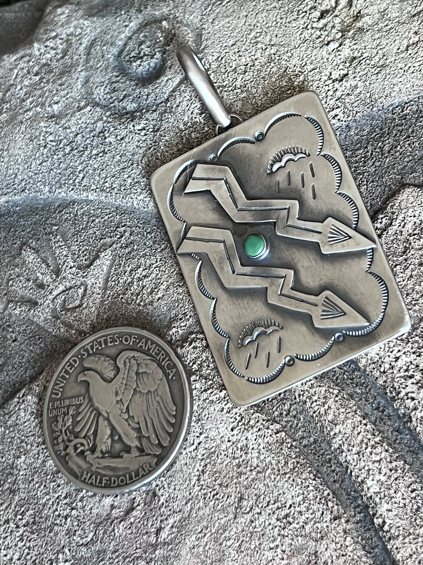 Hand Stamped Sterling Silver Fred Harvey Era Inspired Double Lightning Strike Tag Pendant by Kimari Somers