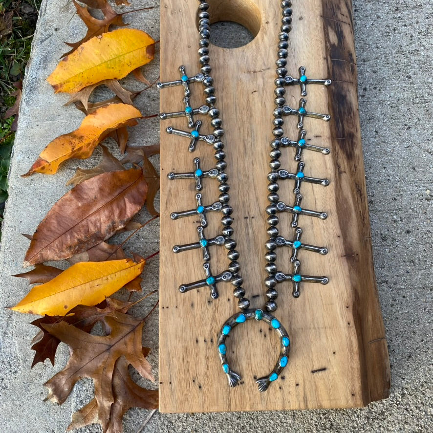Vintage Sterling Silver and Turquoise Cross Squash Blossom Style Necklace Unsigned