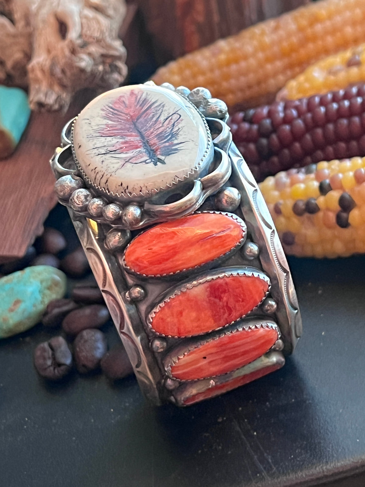 Sterling Silver and Spiny Oyster Shell Repurposed Ben Duboise Watch Cuff Bracelet by Isaac Baca