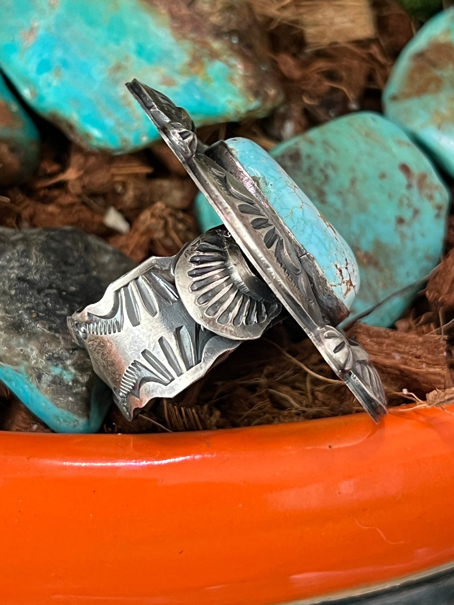 Sterling Silver and Number 8 Turquoise Ring by Navajo Artist, Gilbert Tom, Size 10.5