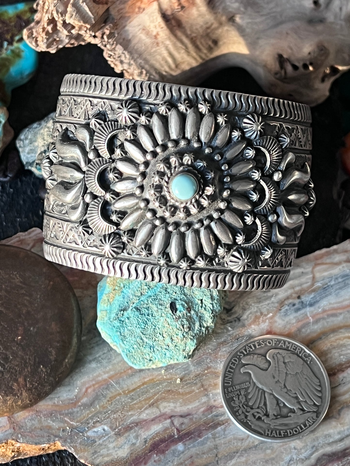 Darryl Becenti Sterling Silver Stamped & Appliqué Cuff Bracelet w/ Dry Creek Turquoise Accent