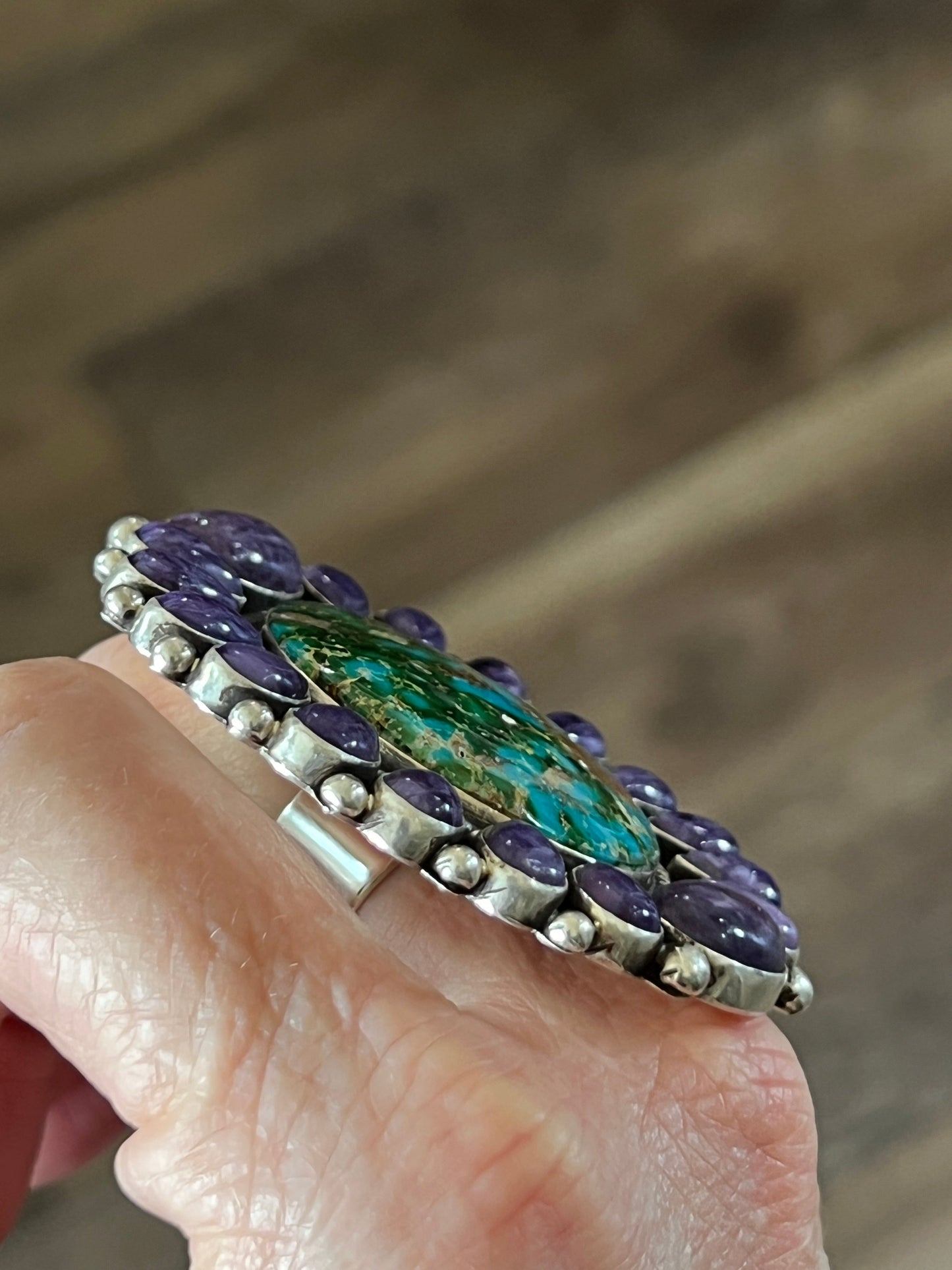 Navajo Sterling Silver, Sonoran Turquoise and Charoite Cluster Ring by Tyler Brown: Adjustable