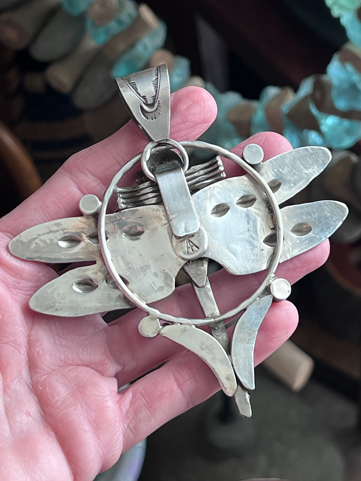 Handcrafted Sterling Silver, Azurite & Turquoise Dragonfly Pendant by Art Tafoya