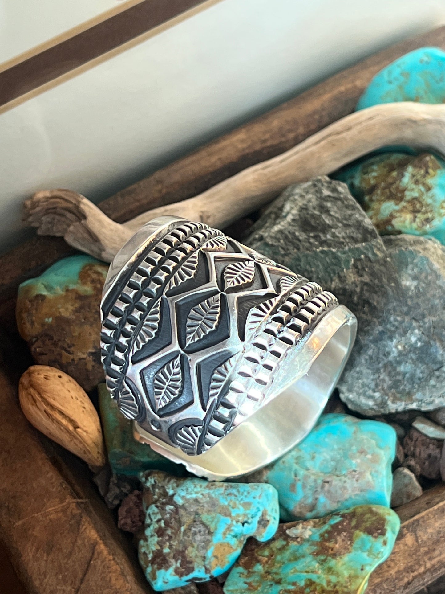 Old Pawn Navajo Sterling Silver Deep Stamped Cuff Bracelet by Elvira Bill