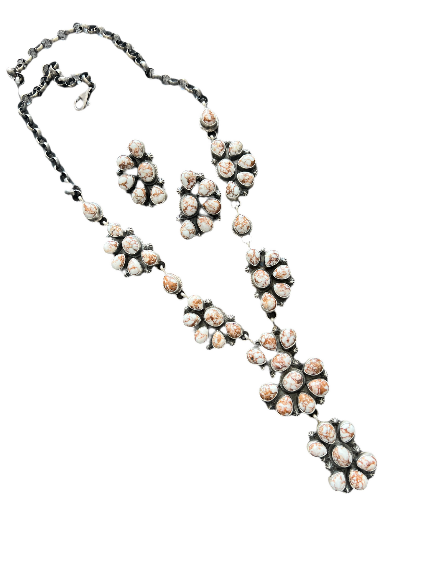 Navajo Sterling Silver and Wild Horse Cluster Necklace with Earrings, Signed D