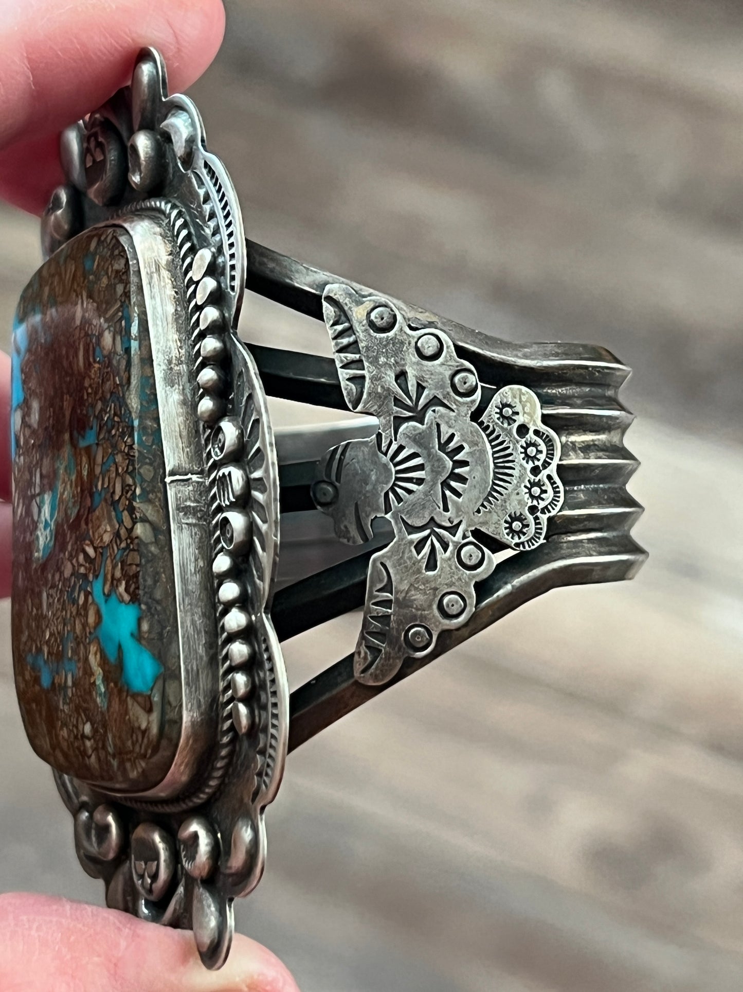 Chunky Dean Sandoval Sterling Silver and Pilot Mountain Turquoise Thunderbird Cuff Bracelet