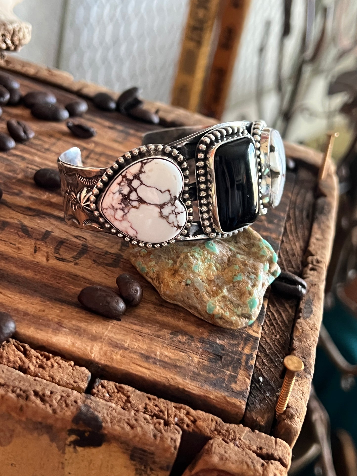 Rosella Paxson Sterling Silver Cuff with Wild Horse Magnesite Hearts and Rectangular Onyx