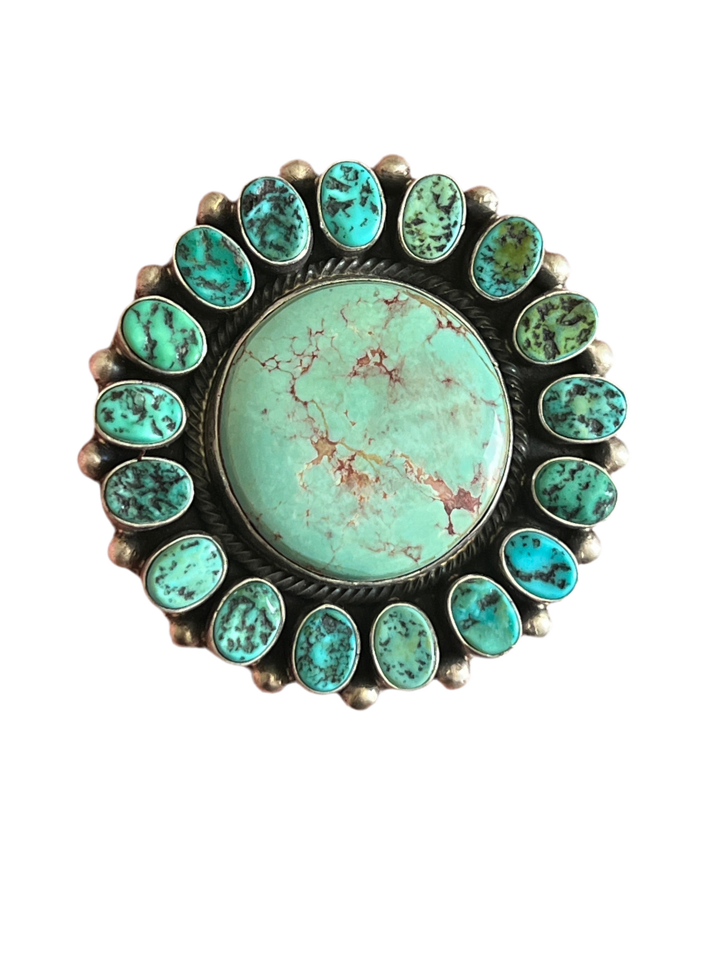 Navajo Sterling Silver Around The World Kingman Cluster Ring by Blaine Yellowhorse, Size 7.5