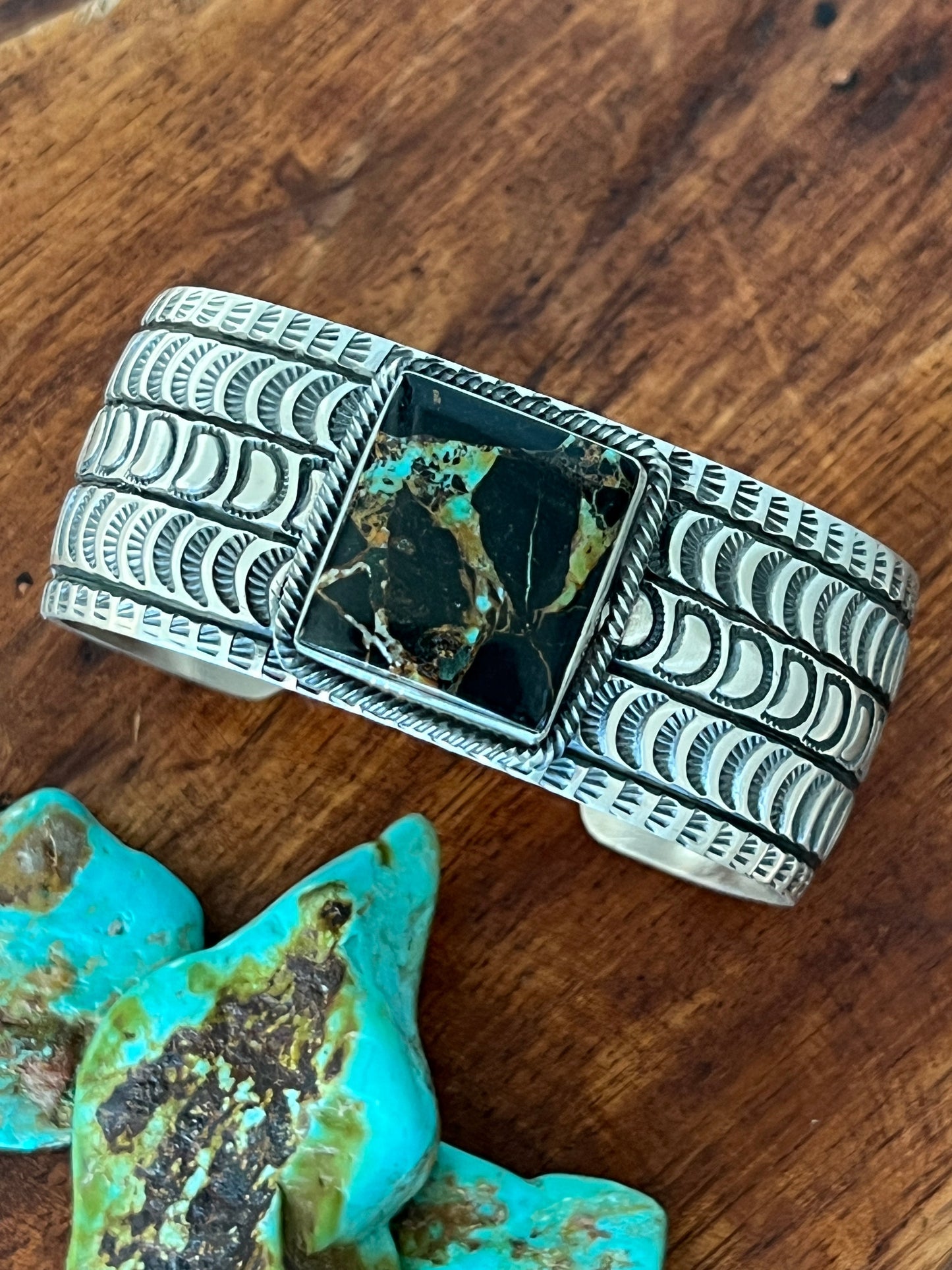 Navajo Sterling Silver and Blackjack Turquoise Hand Stamped Cuff Bracelet by Randy Boyd