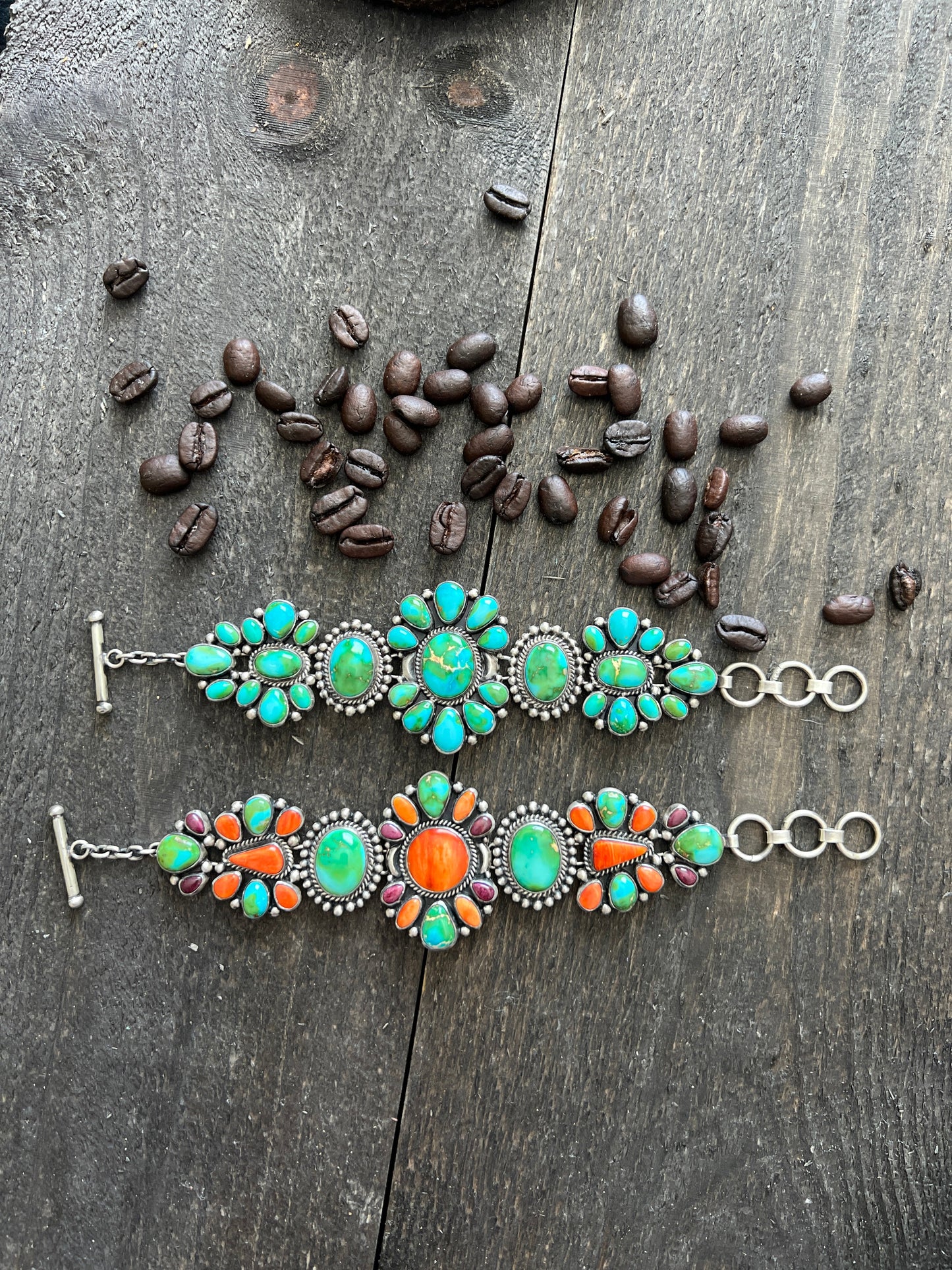 Stunning Navajo Sterling Silver, Sonoran Mountain Turquoise and Spiny Oyster Shell Cluster Link Bracelets by Diane Wylie
