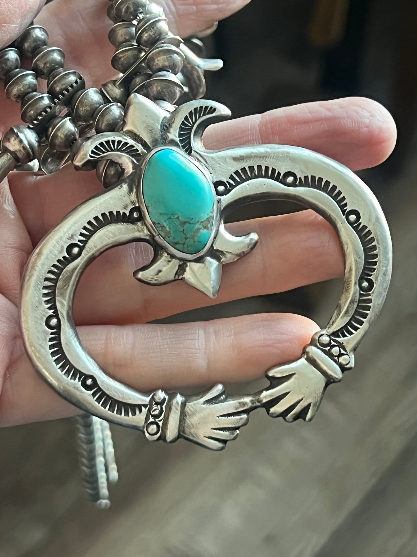 Vintage Sterling Silver and Turquoise Squash Blossom, Hand Terminal Naja