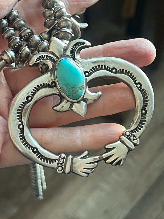 Vintage Sterling Silver and Turquoise Squash Blossom, Hand Terminal Naja