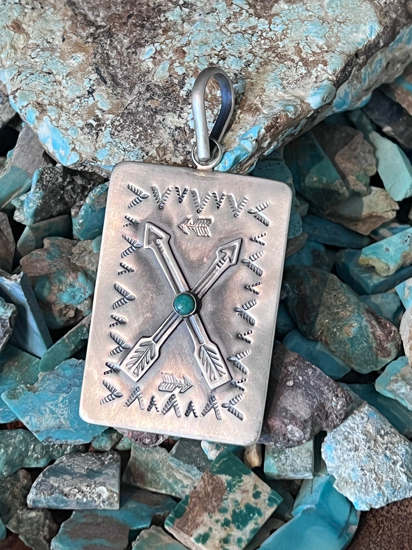 Hand Stamped Sterling Silver Fred Harvey Era Inspired Crossed Arrows Tag Pendant by Kimari Somers
