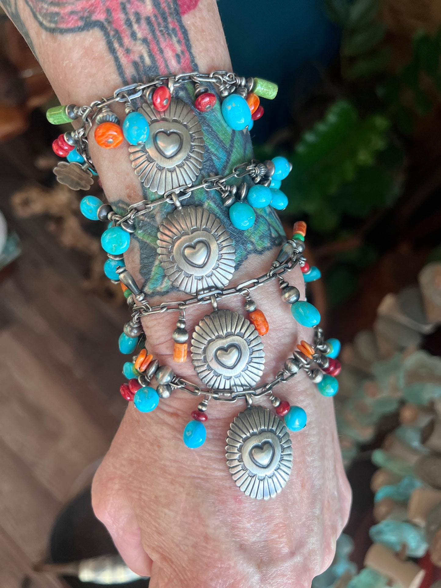 Raymond Coriz Handcrafted Electric Rainbow Sterling Silver Concho & Multistone Beaded Charm Bracelets