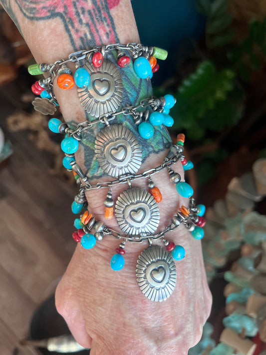 Raymond Coriz Handcrafted Electric Rainbow Sterling Silver Concho & Multistone Beaded Charm Bracelets