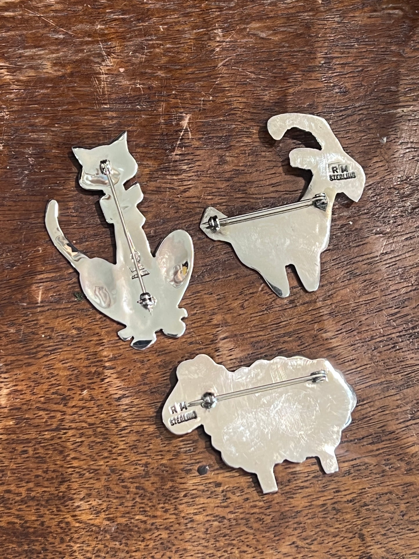 Native Crafted Sterling Silver Figural Animal Brooches: Cat, Sheep, Goat