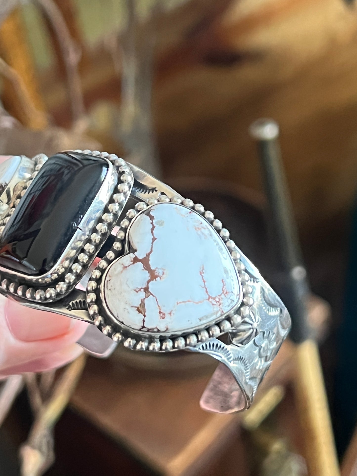 Rosella Paxson Sterling Silver Cuff with Wild Horse Magnesite Hearts and Rectangular Onyx