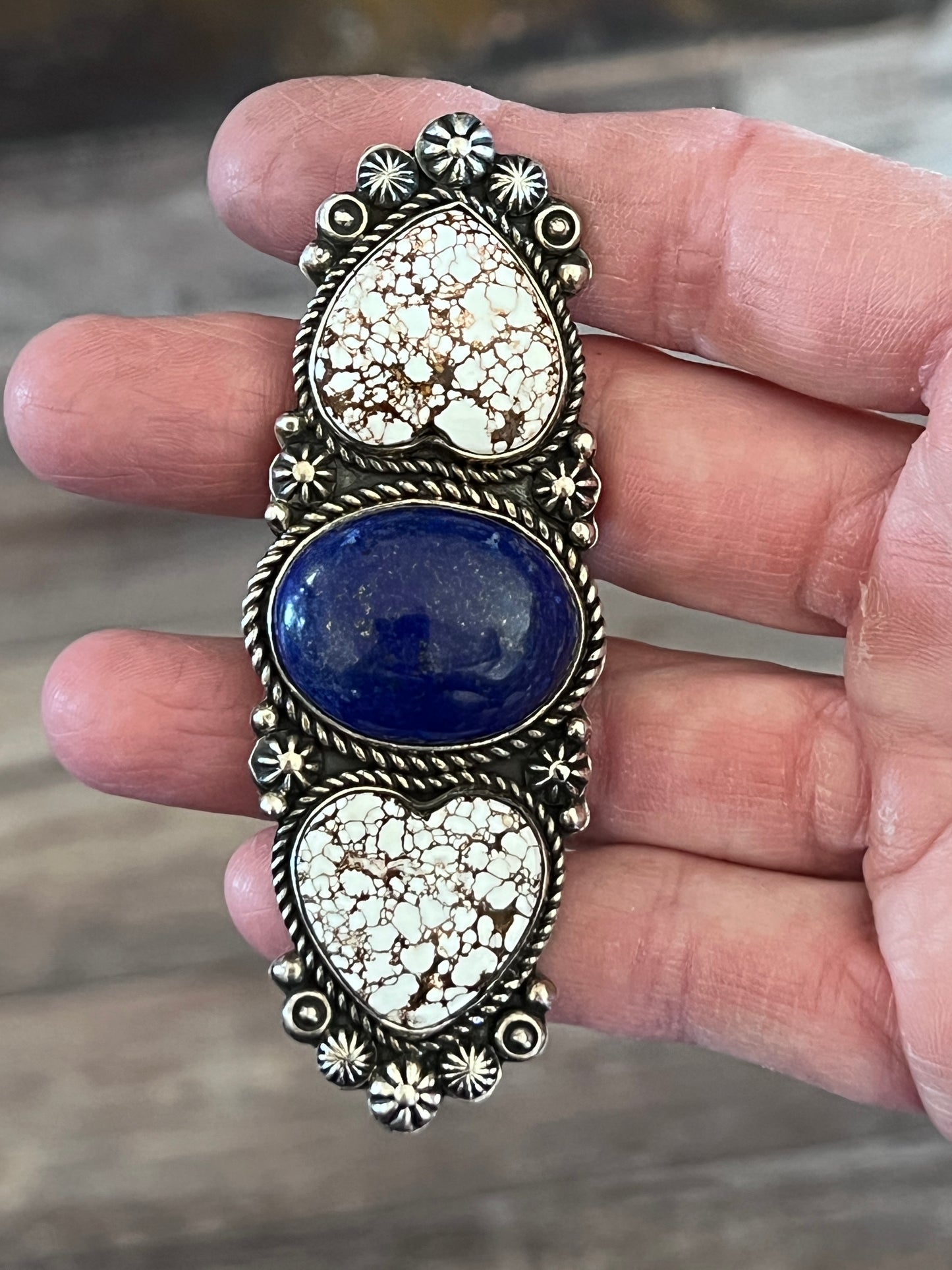 Rosella Paxson Triple Stone Sterling Silver Ring with Wild Horse Magnesite Hearts and Oval Lapis, Sz 8.5