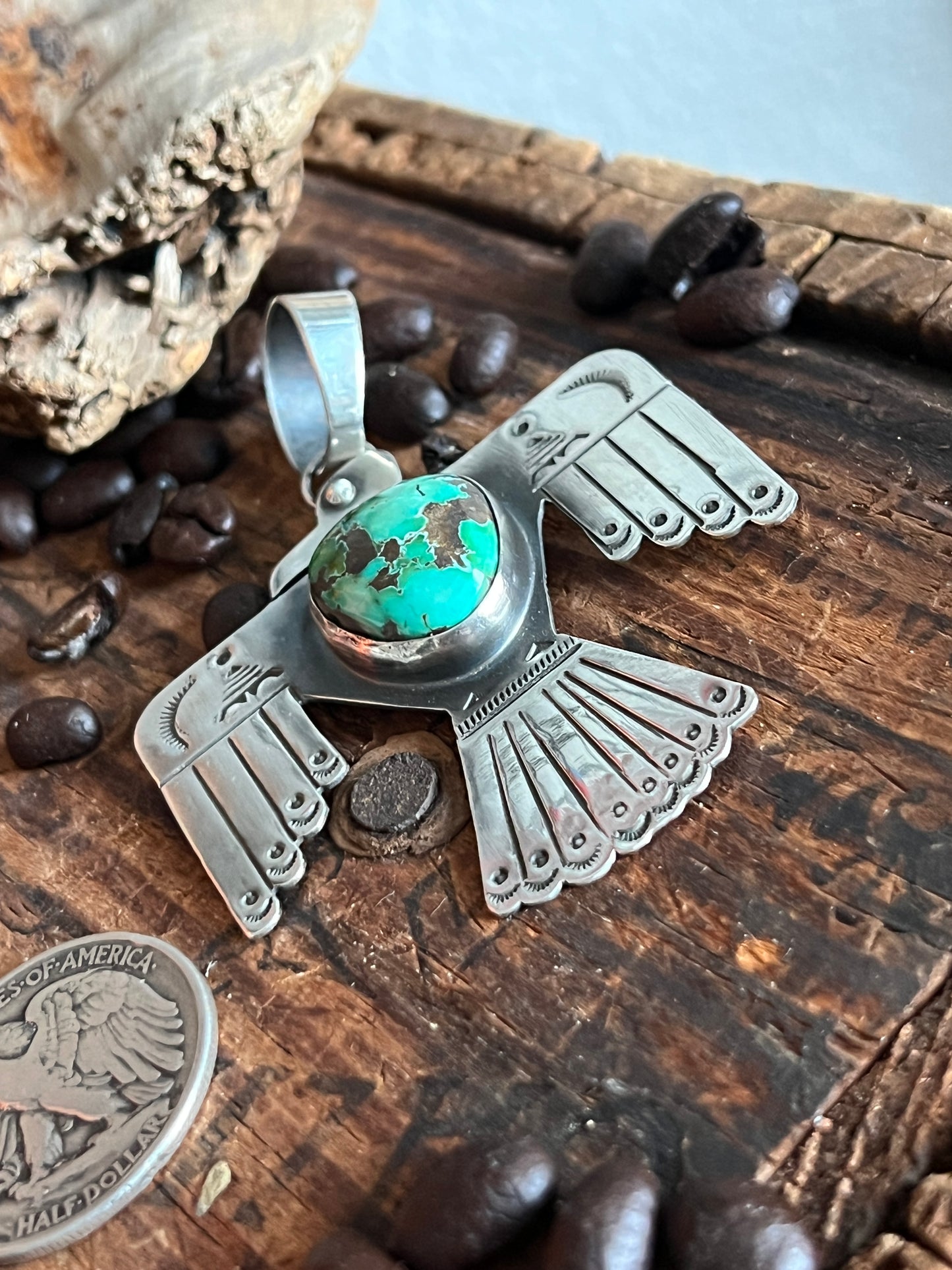 Hand Stamped Sterling Silver and Turquoise Thunderbird Pendant by Kimari Somers