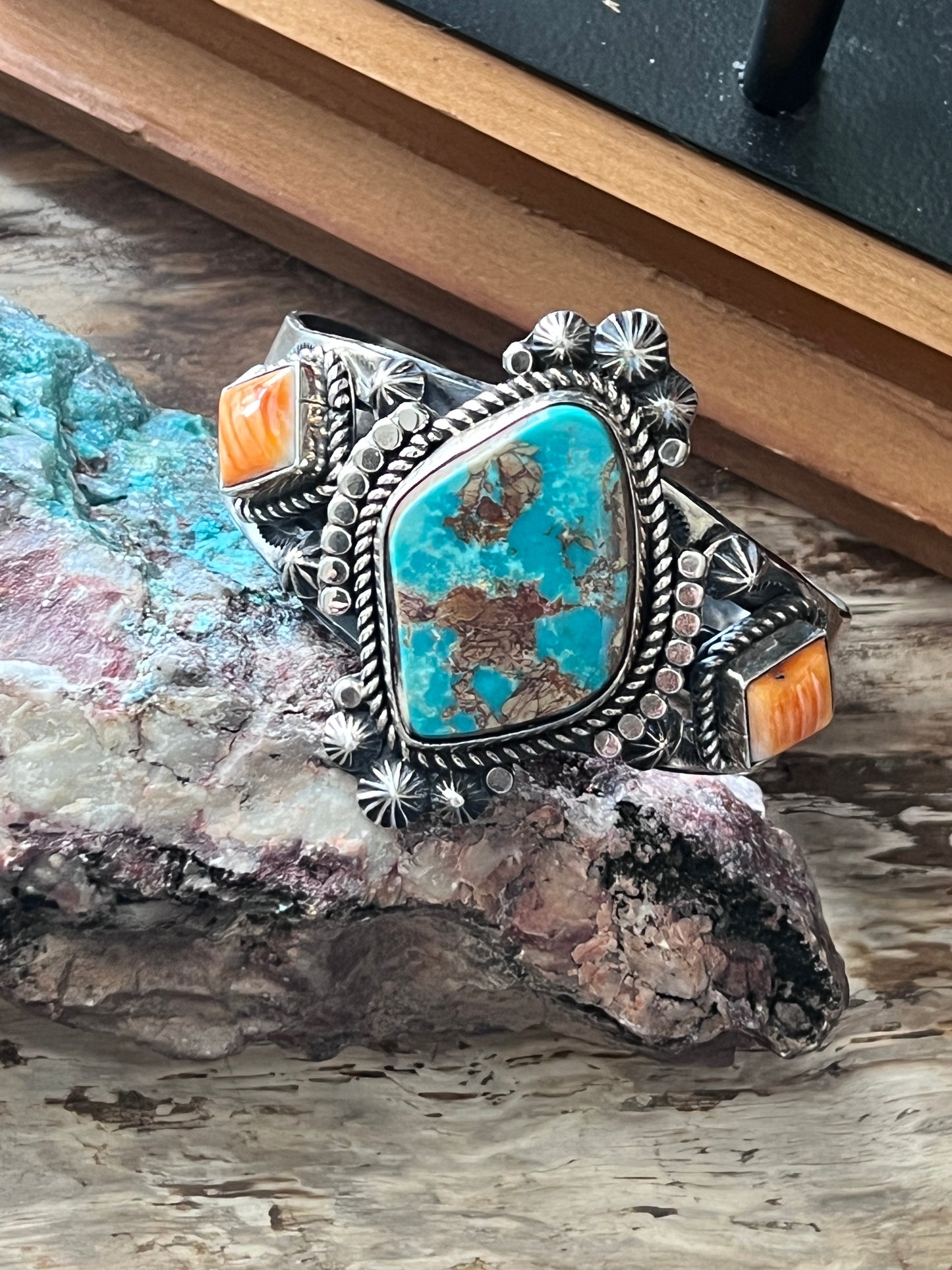 Rosella Paxson Pilot Mountain Turquoise and Spiny Oyster Stamped Split Cuff