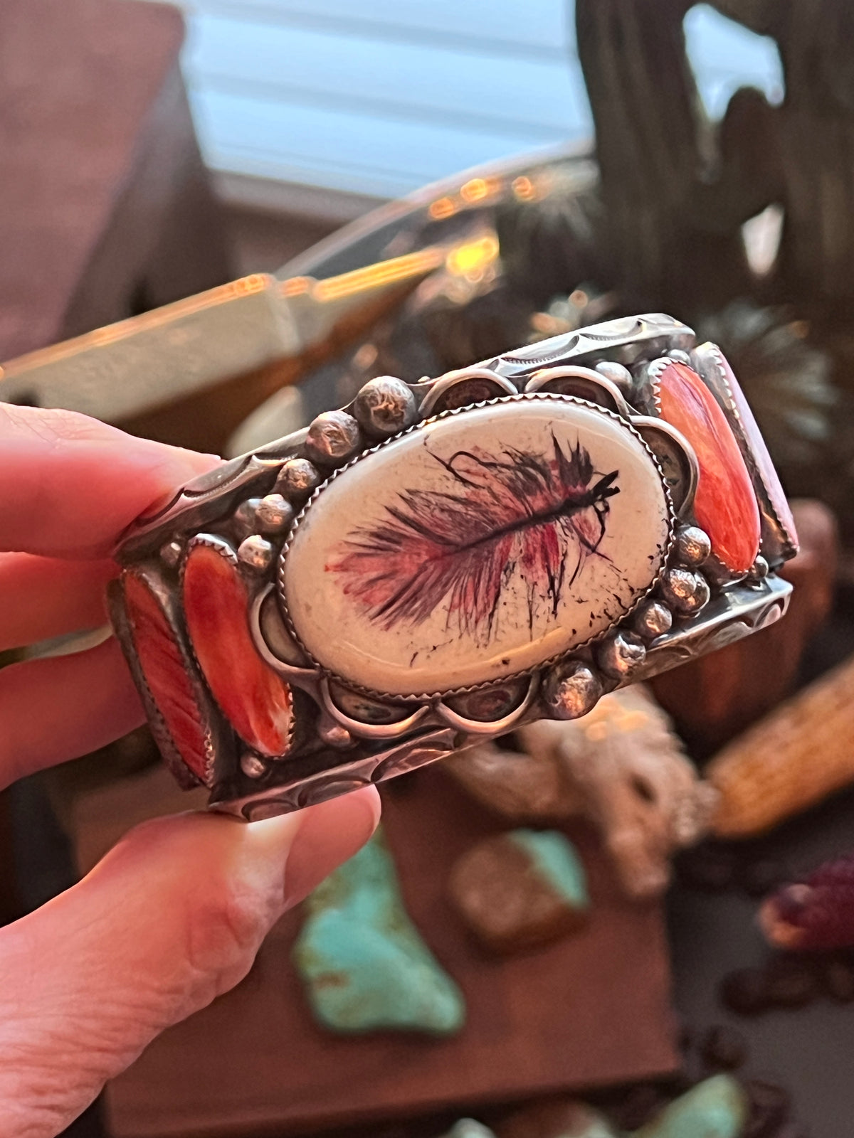 Sterling Silver and Spiny Oyster Shell Repurposed Ben Duboise Watch Cuff Bracelet by Isaac Baca