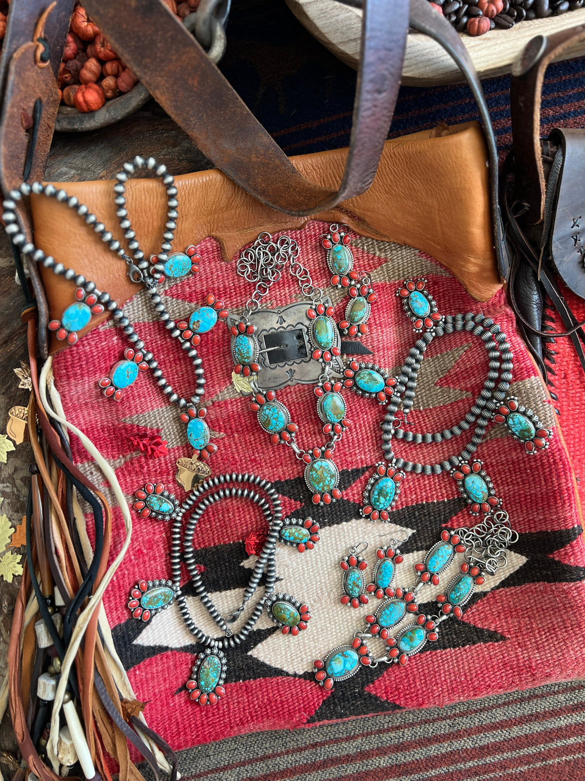 Taos Collection: Handcrafted Sterling Silver, Kingman Turquoise and Mediterranean Coral Necklace & Earrings Set by Kathleen Chavez