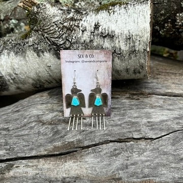 Native Made Blue Turquoise and Sterling Silver Fringe Thunderbird Earrings by Vernon Begay