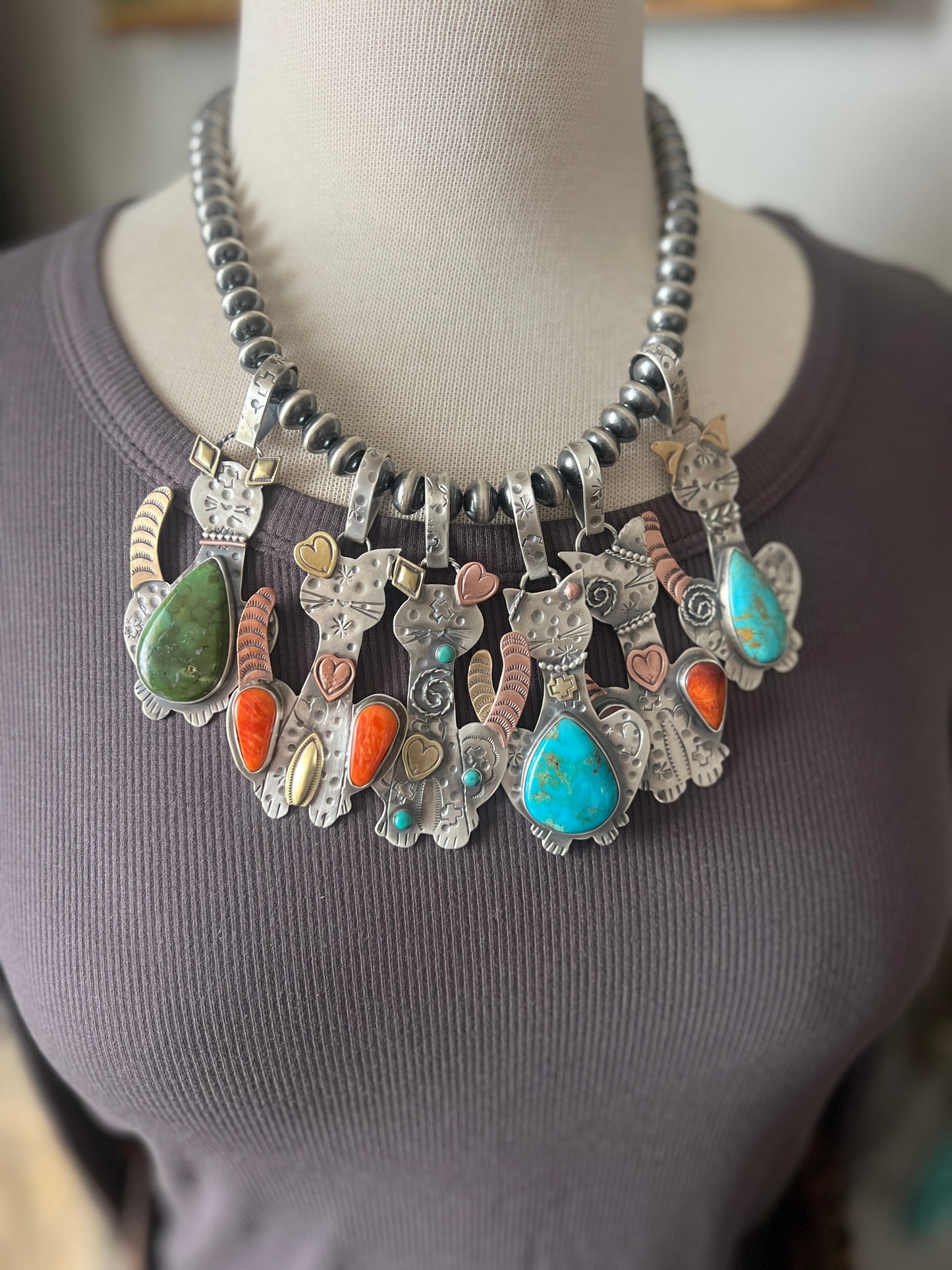 The Kimi-Cats: Hand Stamped and Layered Sterling Silver, Brass, Copper, Turquoise & Spiny Oyster Cat Pendants by Kimari Somers