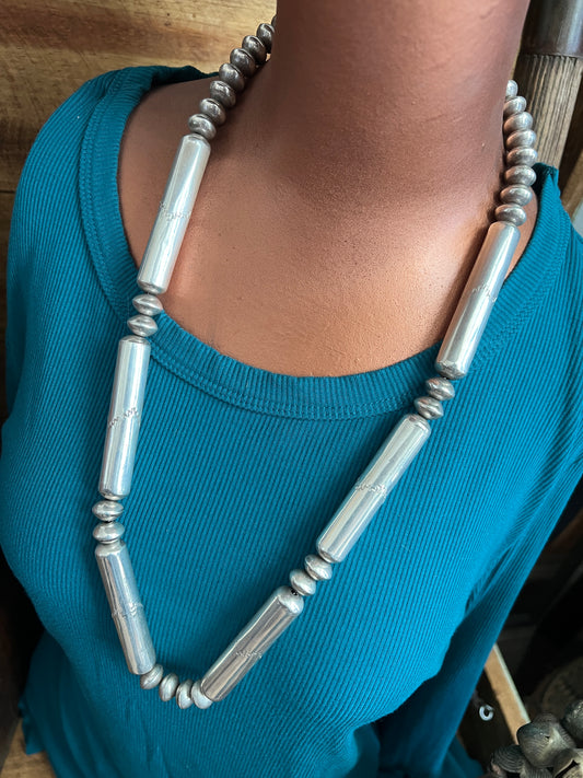 Vintage Native Handcrafted Sterling Silver Bead Necklace by Joe Tortolita