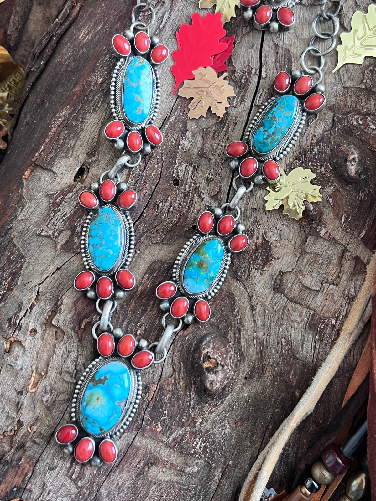 Taos Collection: Kathleen Chavez Sterling Silver, Kingman Turquoise & Mediterranean Coral Necklace and Earrings Set