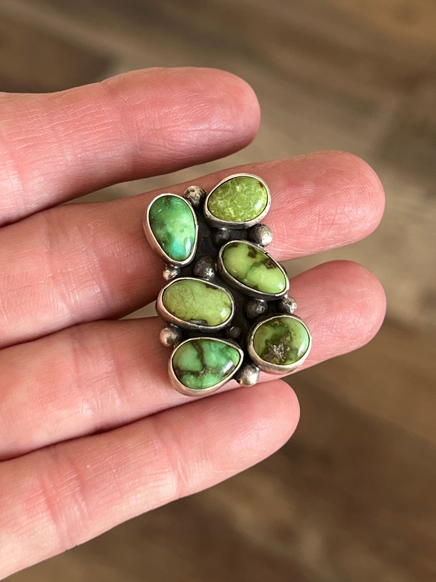 Navajo Sterling Silver and Sonoran Gold Turquoise Cluster Rings by Travis Jim, Size 8