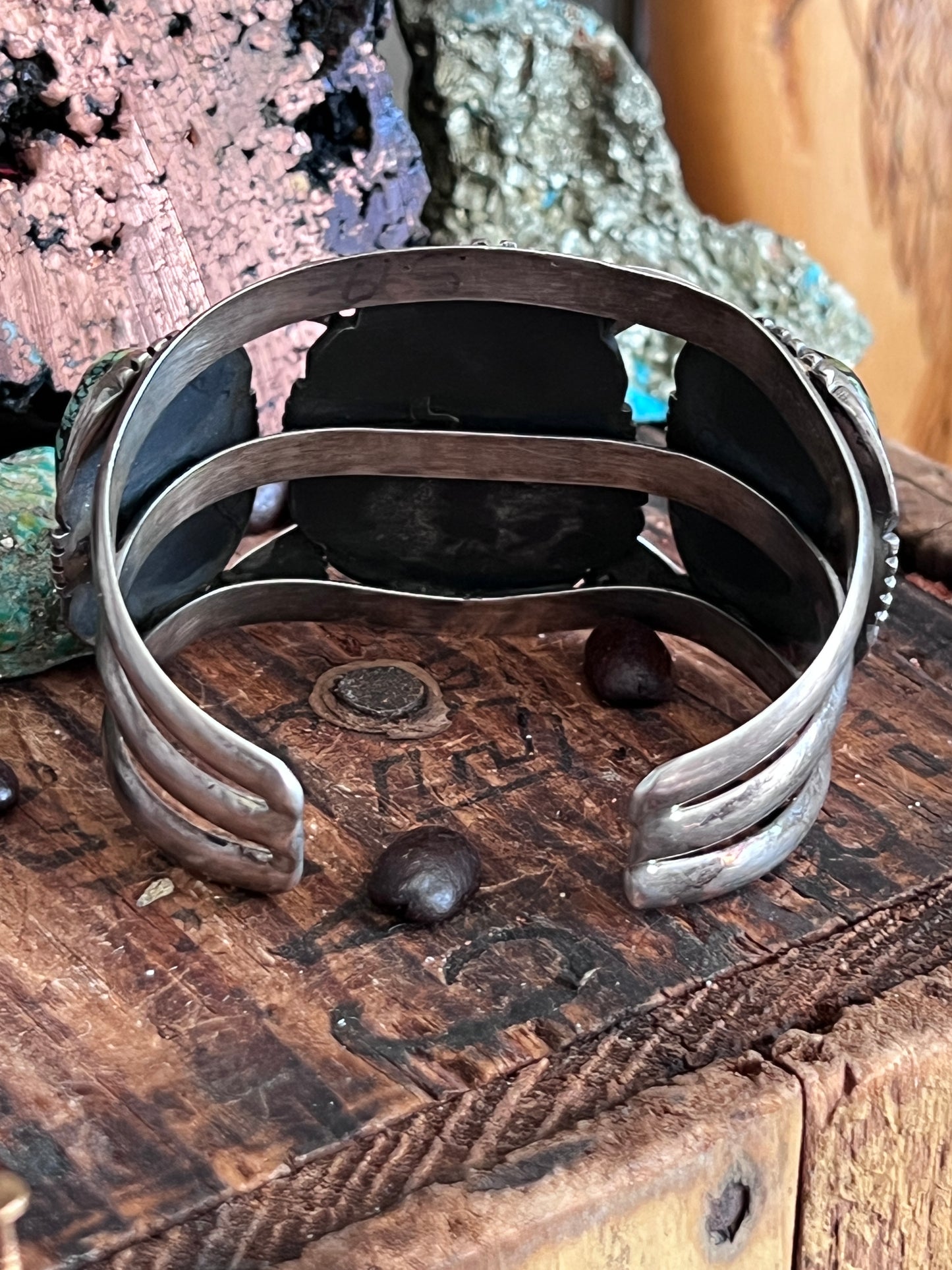 Vintage Sterling Silver and Three Stone Turquoise Cuff Bracelet by Will Denetdale