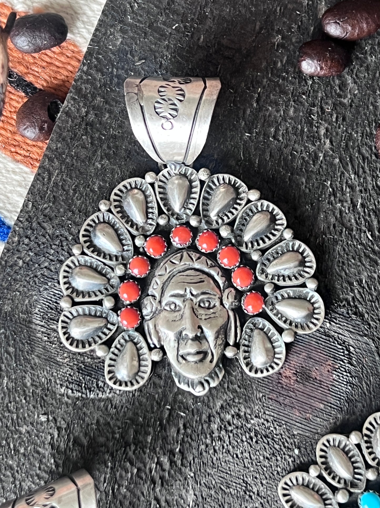 Sterling Silver Chief Pendant by Patrick Yazzie: Coral, Turquoise or Rainbow