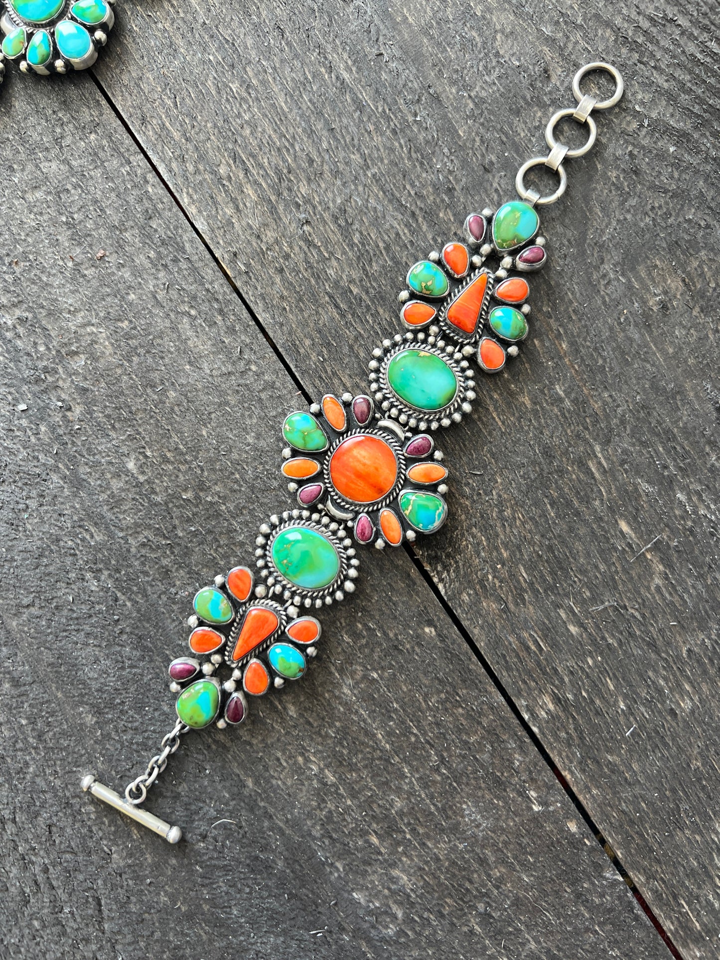Stunning Navajo Sterling Silver, Sonoran Mountain Turquoise and Spiny Oyster Shell Cluster Link Bracelets by Diane Wylie