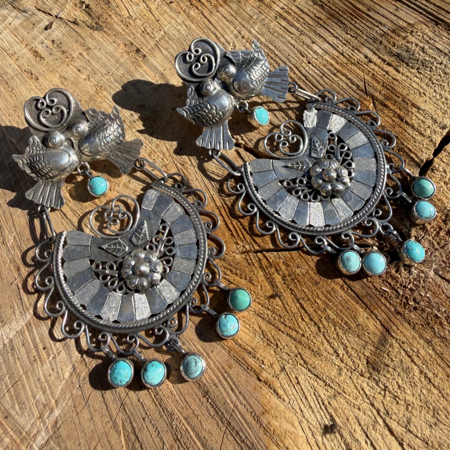 Sterling Silver Half Disc and Turquoise Filigree Lovebird Earrings by Federico Jimenez