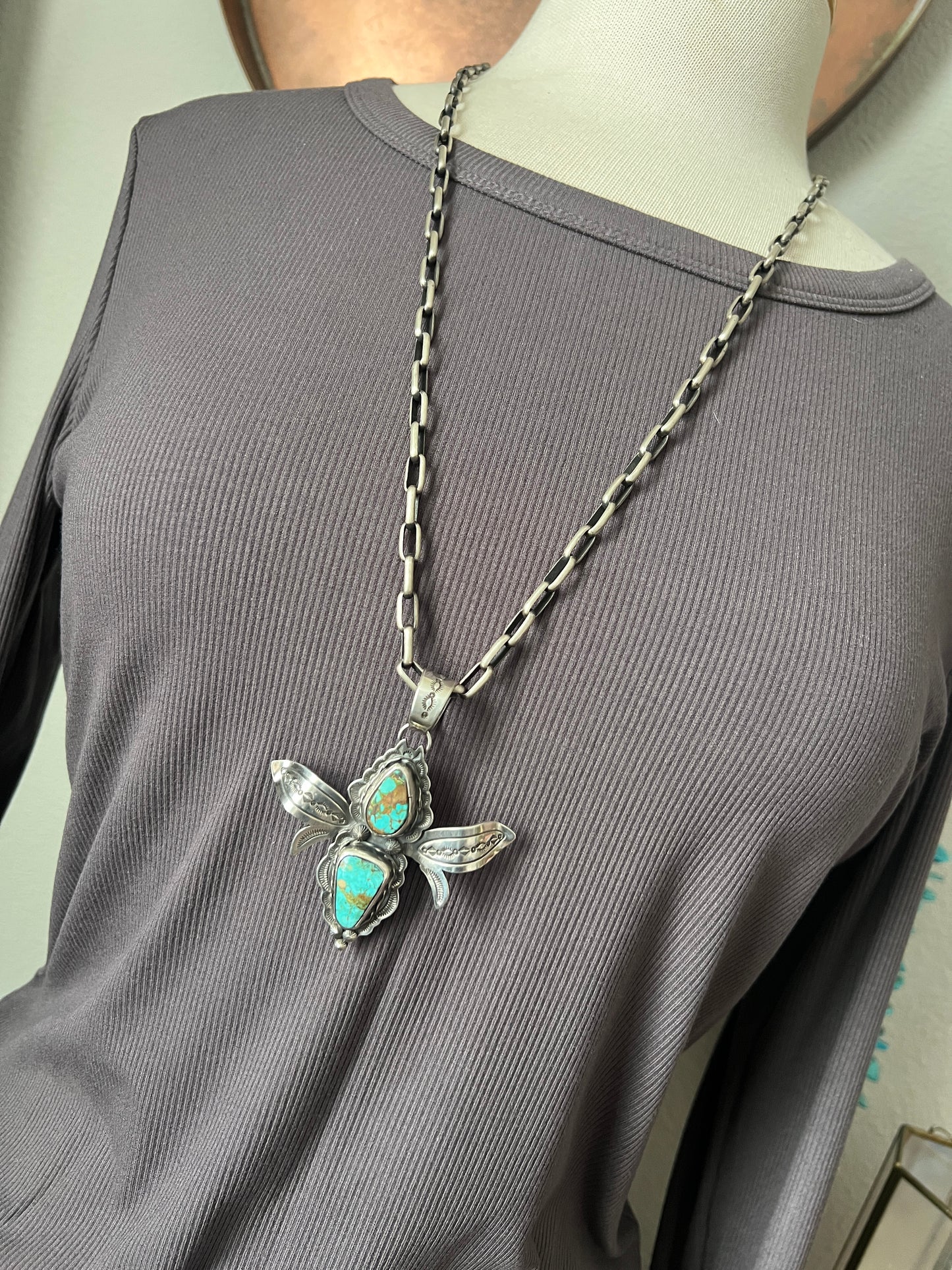 Handcrafted Sterling Silver and Turquoise Winged Bug Pendant by Kimari Somers