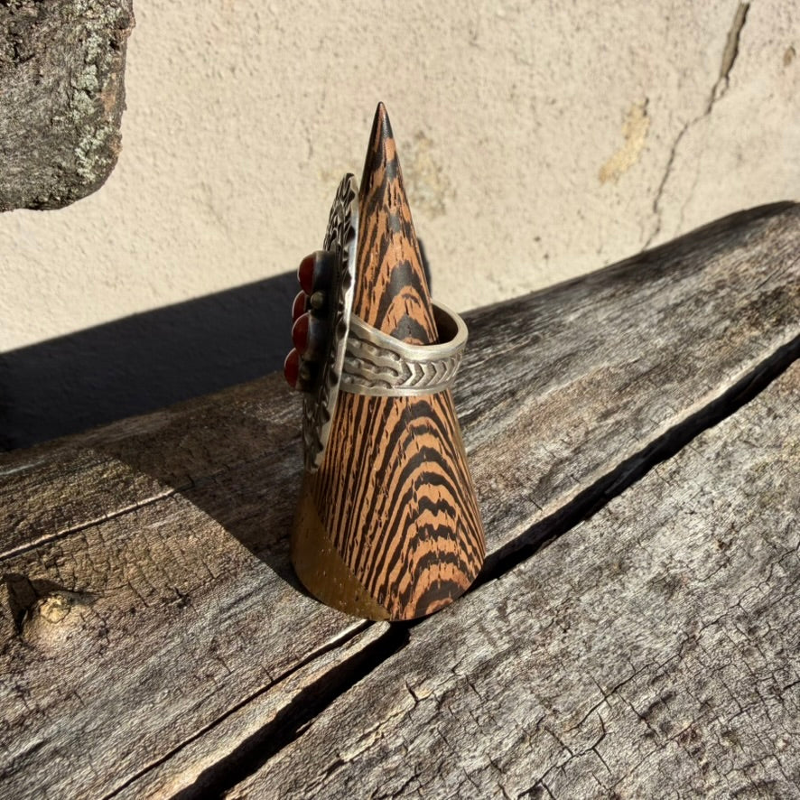 Navajo Sterling Silver Mediterranean Coral Cluster Ring Signed by Calvin Martinez