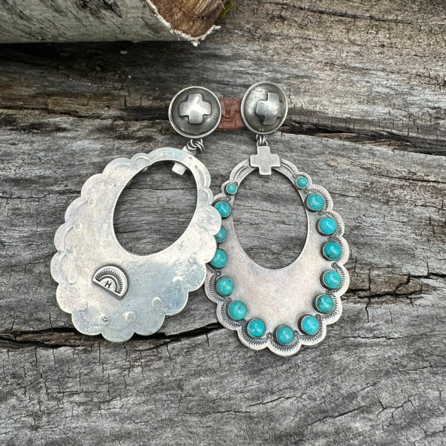 Artisan Made Sterling Silver and Turquoise Large Scallop Earrings by Dennis Hogan