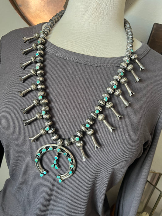 Mid Century Sterling Silver and Turquoise Squash Blossom; Reserved for Leslie B.