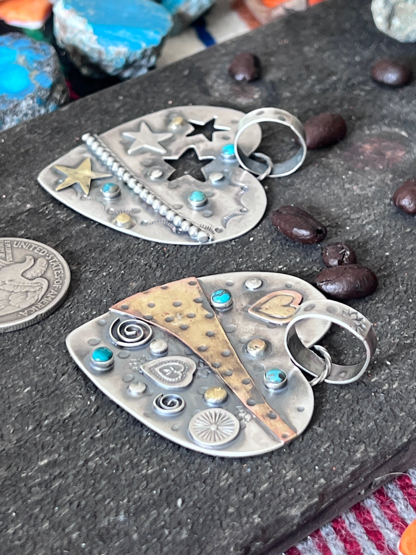Hand Stamped Sterling Silver & Turquoise Heart Pendants w/ Brass Accents by Kimari Somers