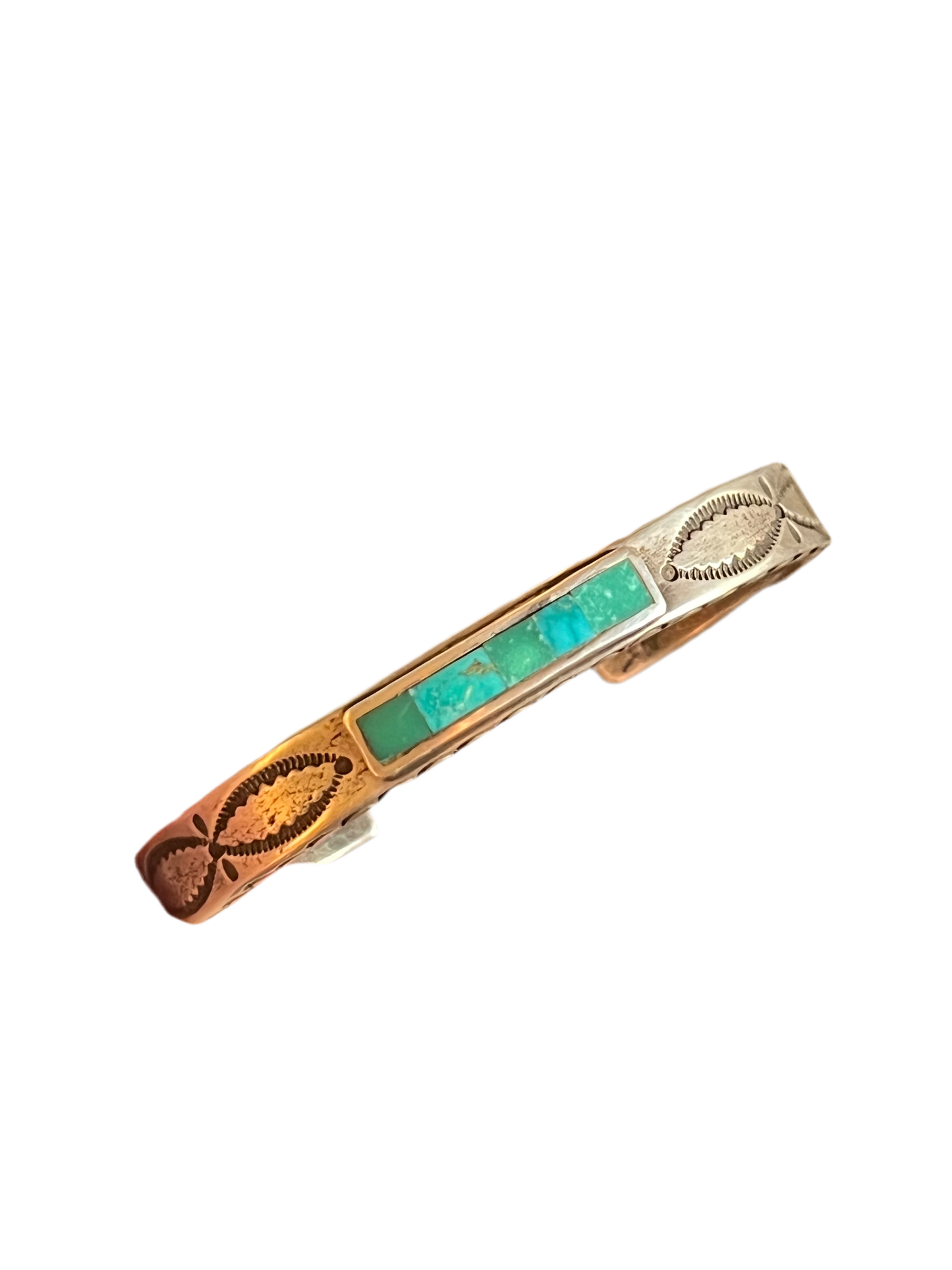 Falcon Trading Company Ingot Coin Silver and Fox Turquoise Inlay Cuff Bracelet by Joe O’Neill