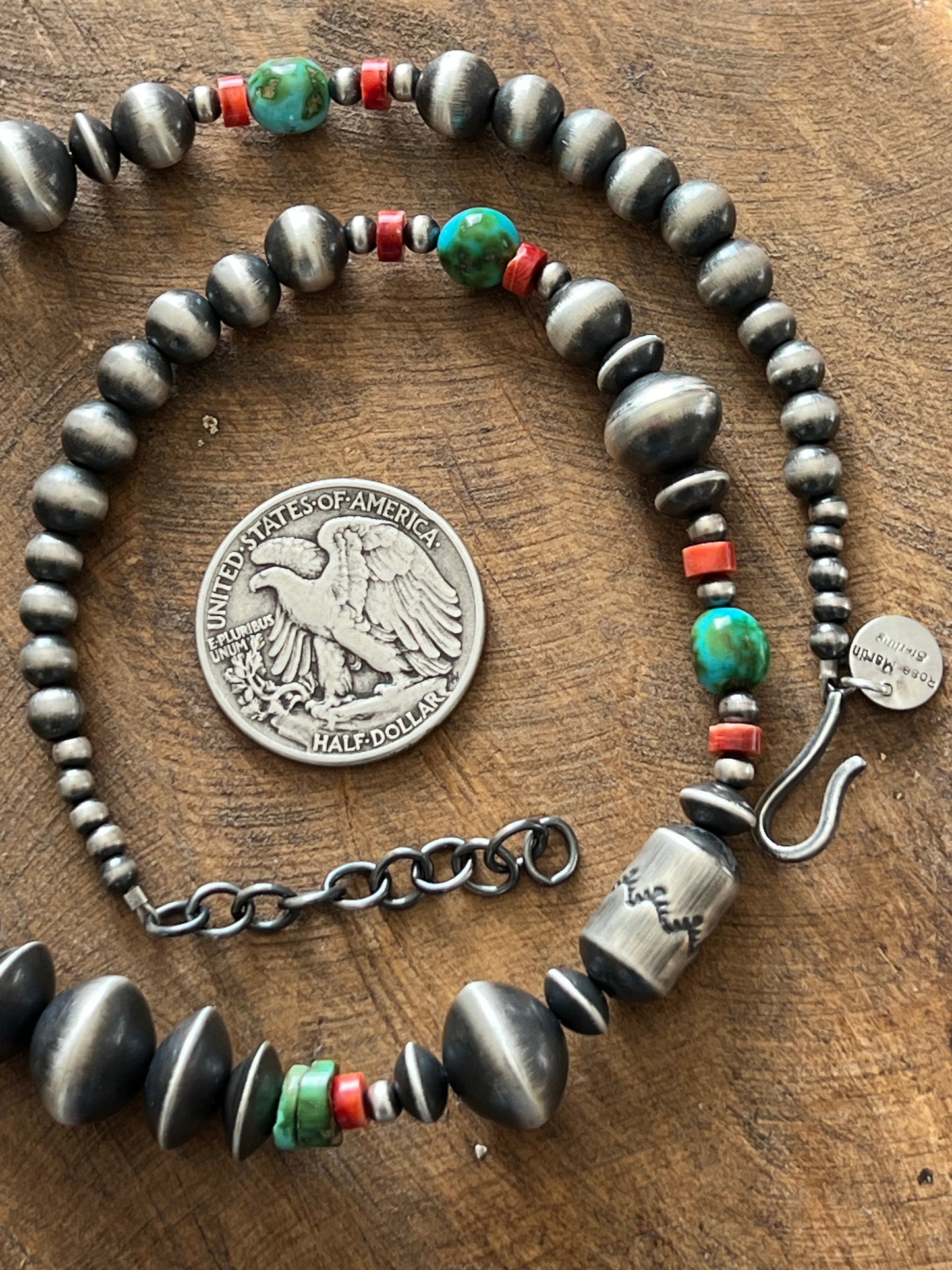 Navajo Made Electric Rainbow Sterling Silver, Turquoise and Spiny Oyster Single Strand Beaded Necklace by Rose Martin, 20 + 2 Inches