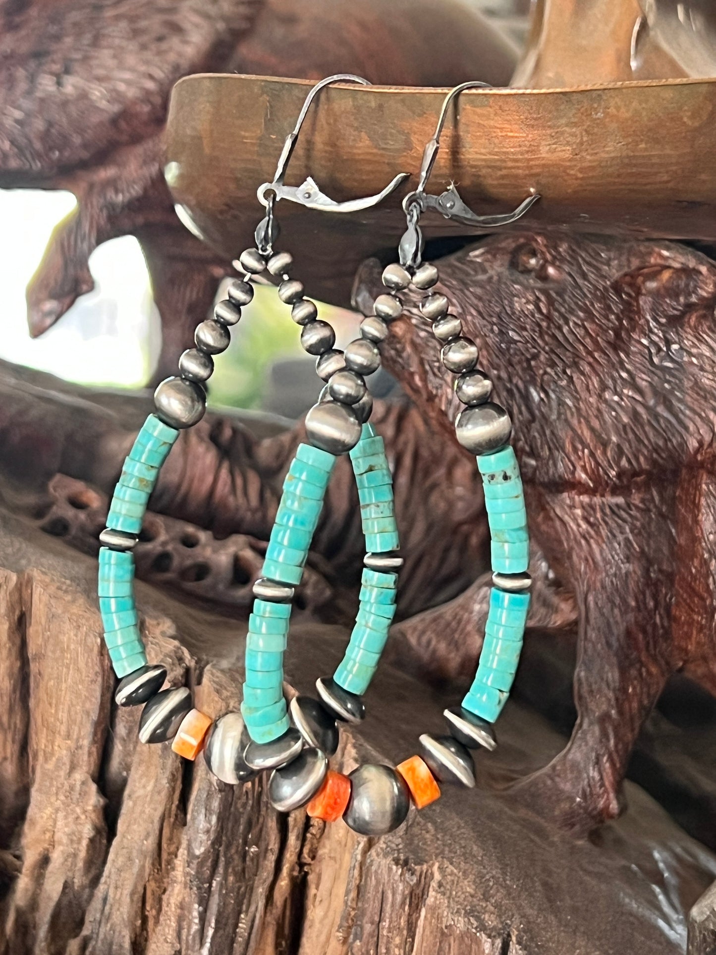 Navajo Made Sterling Silver, Kingman Turquoise and Orange Spiny Oyster Beaded Teardrop Hoop Earrings, Leverback