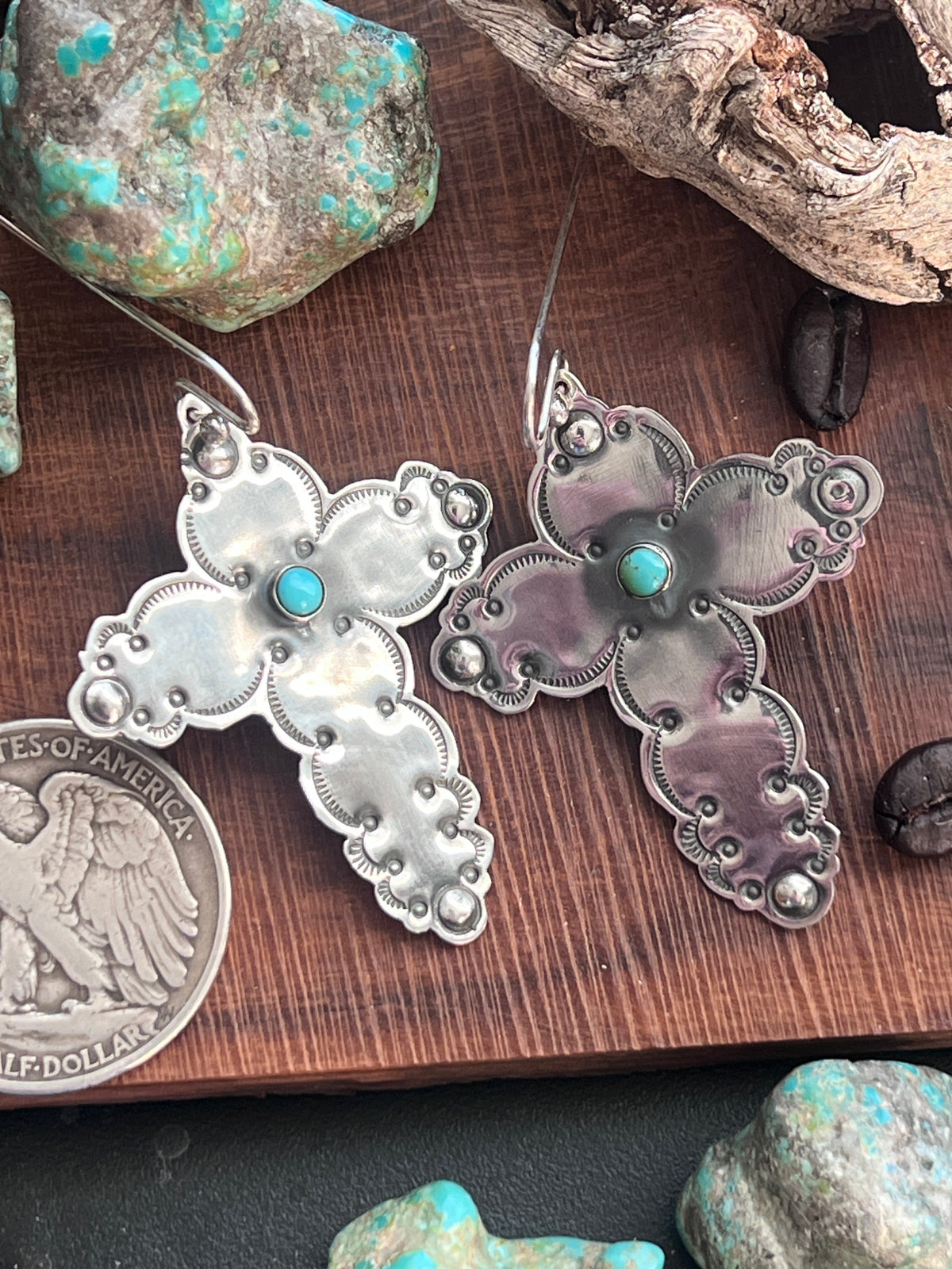 Hand Stamped Cloud Design Sterling Silver Cross Dangle Earrings with Kingman Turquoise by Kimari Somers