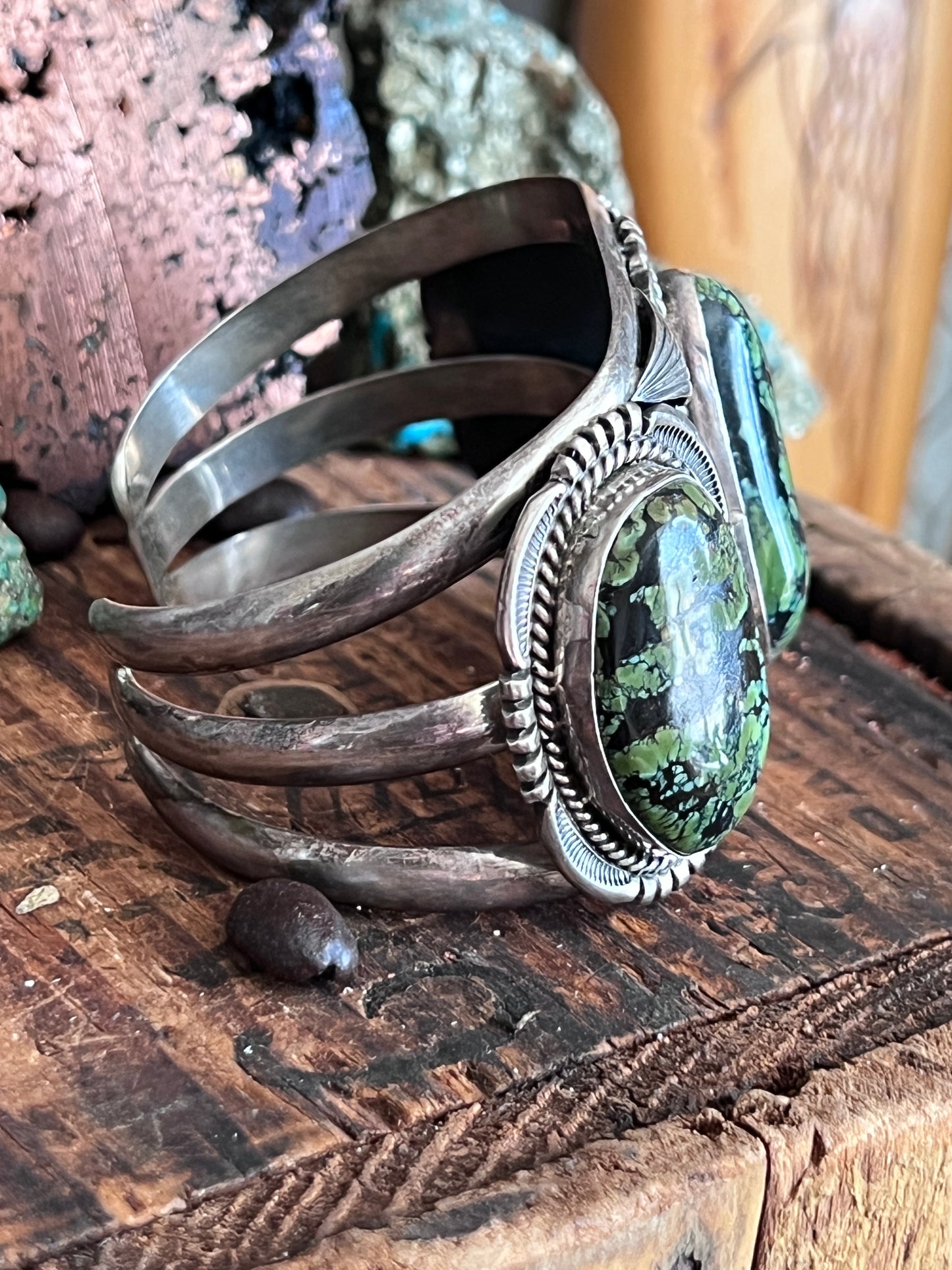 Vintage Sterling Silver and Three Stone Turquoise Cuff Bracelet by Will Denetdale