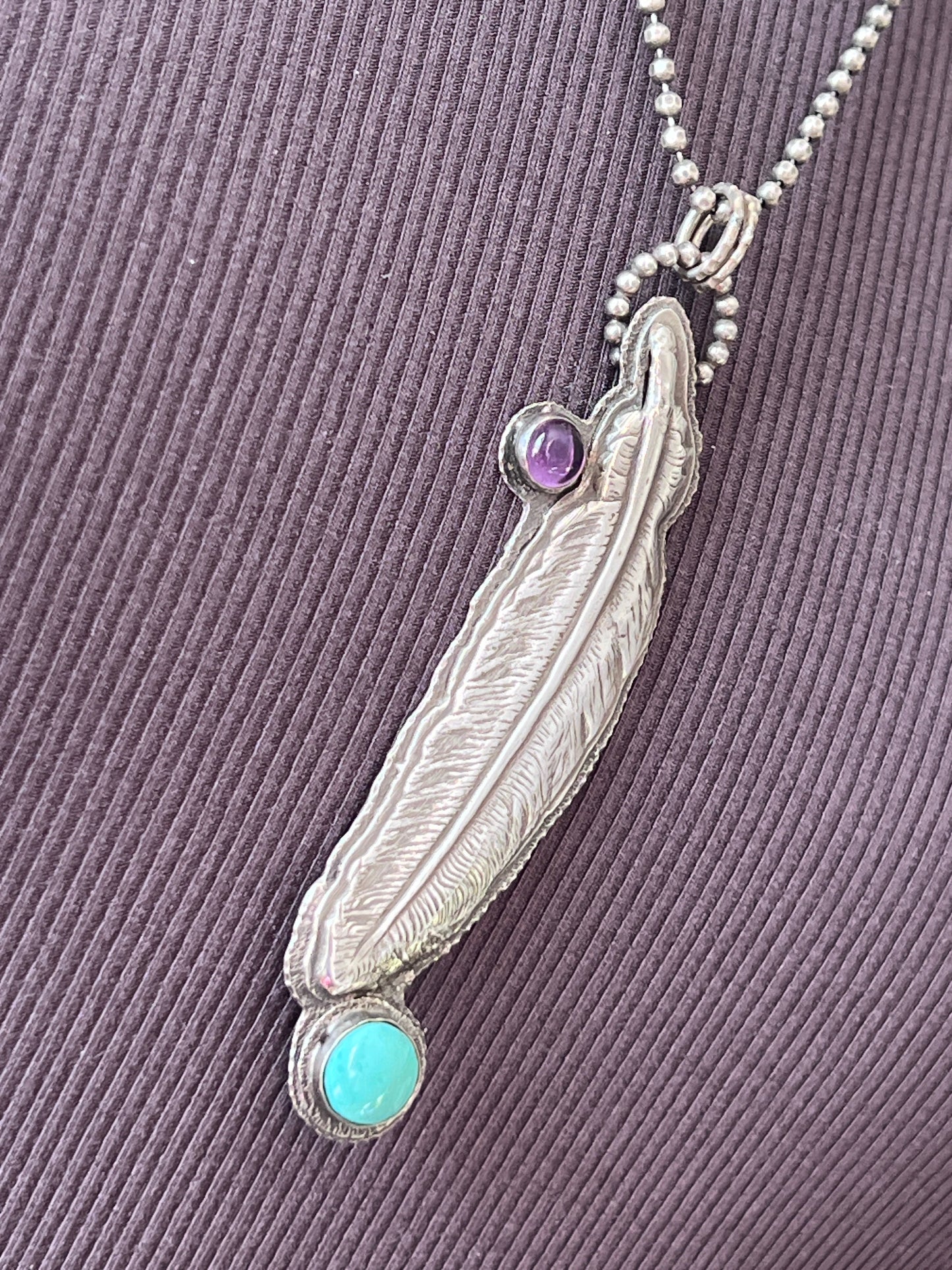 Tularosa Sterling Silver, Turquoise & Amethyst Feather Necklace