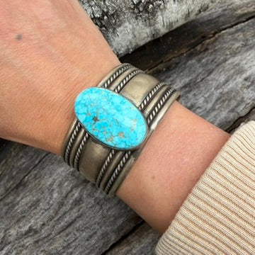 Navajo Made Sterling Silver and Turquoise Oval Cuff Bracelet Signed Tahe