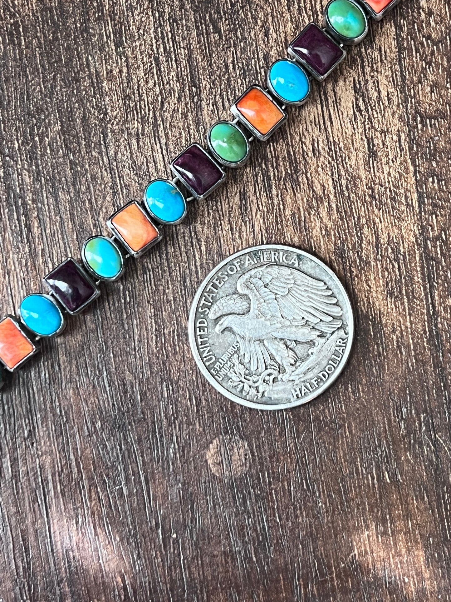 Sterling Silver Electric Rainbow Link Turquoise and Spiny Oyster Bracelet by Thomas Valencia, Mini Ovals & Rectangles
