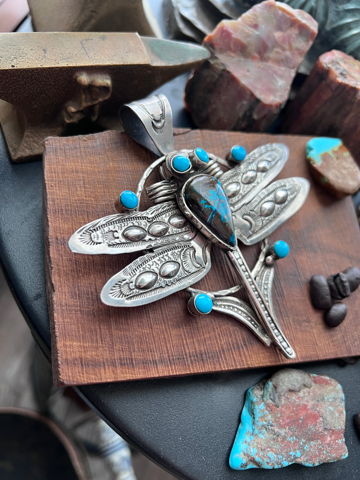 Handcrafted Sterling Silver, Azurite & Turquoise Dragonfly Pendant by Art Tafoya