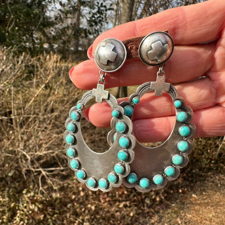 Artisan Made Sterling Silver and Turquoise Large Scallop Earrings by Dennis Hogan